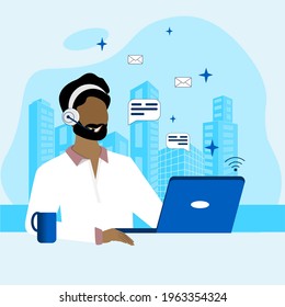 Concepts for customer support, assistance, call center. Man with headphones and microphone with laptop customer service. Vector flat illustration