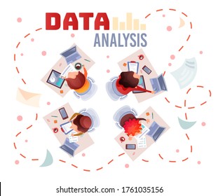 Concepts data analysis teamwork. A team of analysts holds a meeting and develops a marketing strategy based on an analysis of the financial performance, diagrams of the enterprise. Vector flat design