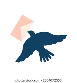 Concepts of development of communications. A blue carrier pigeon with a letter flying isolated on a white background. Vector.