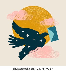 Concepts for the development of communications. A carrier pigeon with an envelope in its beak flies against a background of clouds with the sun, isolated on a light gray background. Vector.
