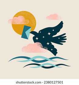 Concepts for the development of communications. A carrier pigeon with an envelope in its beak flies against the background of clouds with the sun over sea waves. Vector.