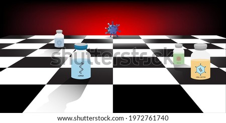 Concepts of different types of covid-19 vaccine agaist coronavirus. Vaccines made from mRNA, viral vector, weaken virus and spike protein on chess board.