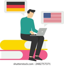 concepts of distance learning, online learning, choice of language course, exam preparation, home school, online foreign language course. Flat vector creative illustration on white background