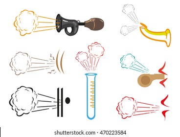 Concepts of dust or loudness coming out from different sources illustration. Editable Clip Art.