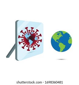 Concepts of the earth and pandemic outbreak of coronavirus or covid-19. Illustration of earth and red corona virus in the mirror.