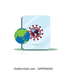 Concepts of the earth and pandemic outbreak of coronavirus or covid-19. Illustration of earth looking in the mirror with self reflection of corona virus.