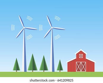 Concepts of ecology. Forest green, red barn and windmills. Flat vector illustration.
