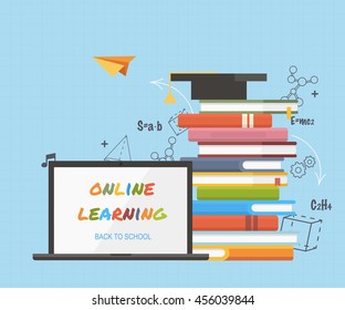 Concepts of education and online learning. Online training courses, distance training, e-learning. Flat design colorful vector illustration.