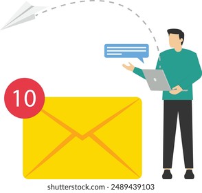 concepts of an email message on the internet, new incoming sms, video, content. People working with envelopes, message notifications, sending email notifications, and vector illustrations on a white b
