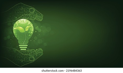 Concepts of environmental conservation. Hands holding green ecology light bulb  on dark background. Vector illustration.