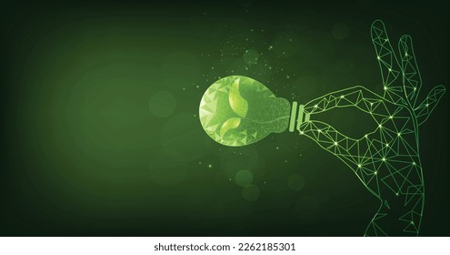 Concepts of environmental conservation. Hands holding green ecology light bulb on a dark green background. Vector illustration.