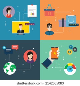 Concepts of evaluation internet support, consumer experience, customer service and performance analysis. Flat design icons in vector illustration.