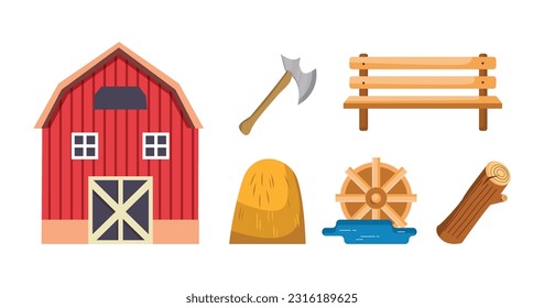 Concepts Farming tools and equipment.  Set of various gardening items. Flat design illustration of items for farming. Barn Farm, Axe, Picket Fence, Haystack, Water Wheel, Timber.