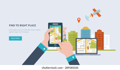 Concepts for finding the right place and people on the map for travel and tourism. Mobile gps navigation on laptop and mobile phone with map. Mobile technologies concept. Building icon.