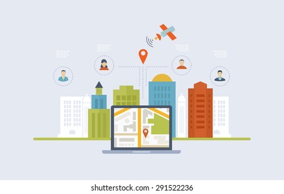 Concepts for finding the right place and people on the map for travel and tourism. Mobile gps navigation on laptop with map. Mobile technologies concept. Building icon.