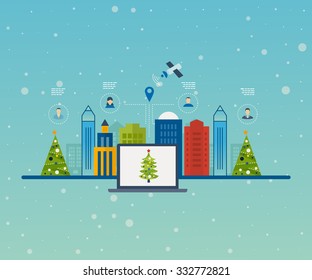 Concepts for finding the right place and people on the map for travel and tourism. Mobile gps navigation on laptop with map.Merry Christmas greeting card design. Vector illustration.