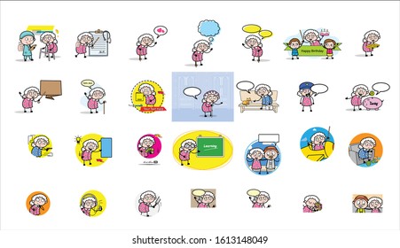 Concepts of Funny Comic Old Granny- Set of Various Vector illustrations