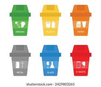 Concepts of garbage separation and recycling on white background. Waste different types icons plastic,paper,metal,organic,glass,e waste. classification bins. vector illustration flat design.