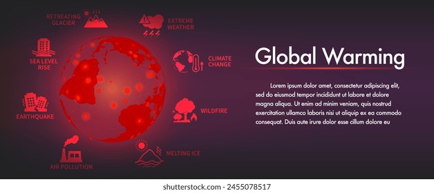 Concepts of global warming, ice melt, greenhouse effect carbon dioxide emissions The effects of climate change are getting warming. Vector illustration with icons related to global warming