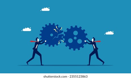 Concepts hinder communication or cooperation. Two businessmen holding a broken gear mechanism