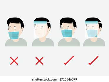 Concepts of how to wear protective mask and faceshield correctly. Illustration of man wearing protective hygeinic mask and face shield correctly and incorrectly. Vector illustration.