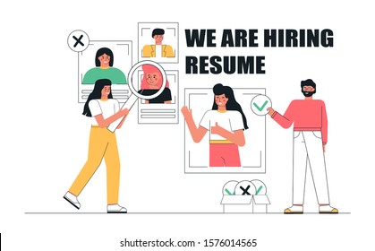 Concepts for human resource and recruitment.  Flat trendy vector illustration, curriculum vitae recruitment candidate job position. Hr manager holding a magnifier, search cv and profile of employees. 