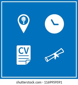 concepts icon. 4 concepts vector set. application form, hot air ballon location, rolled diploma and time icons for web and design about concepts theme