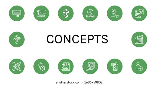 concepts icon set. Collection of Air conditioning, Development, Orthodox cross, Wildfire, Developer, Contract, Lighter icons