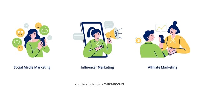 Concepts with influencers. Content manager, social media promotion, and affiliate marketing. Trendy vector flat illustrations isolated on a white background.