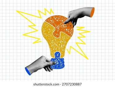 Conceptos de innovación, invención, conocimiento, aprendizaje. Las manos de semitono conectan el rompecabezas en forma de bombilla. Descubrimientos científicos. Collage moderno. Pensamiento creativo, puesta en marcha, nuevas ideas