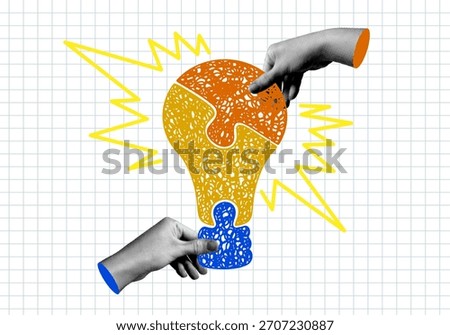 Concepts of innovation, invention, knowledge, learning. Halftone hands connect light bulb shaped puzzle. Scientific discoveries. Modern collage. Creative thinking, start up, new ideas