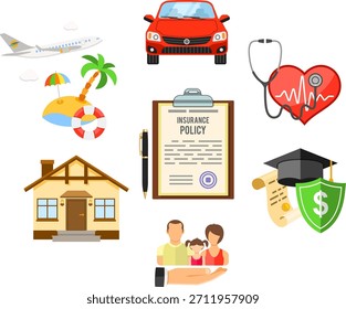 Conceptos Cálculo de Servicios de Seguros. Hombre que sostiene la calculadora en la mano y la póliza de seguro de compra. iconos de estilo plano Coche, casa, médico, Educación y seguro de vacaciones. Ilustración vectorial