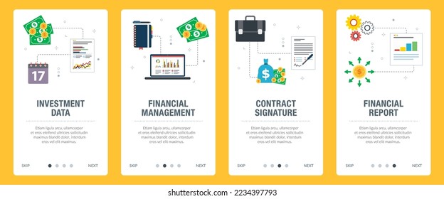 Concepts of investment data, financial management, contract signature and financial report.Web banners template with flat design icons in vector illustration.