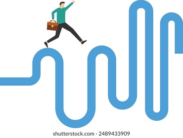 conceptos de viaje o esfuerzo hacia el éxito, camino difícil por delante, obstáculos o situaciones difíciles de superar, dificultades o problemas, un empresario que corre hacia nuevos desafíos camino difícil