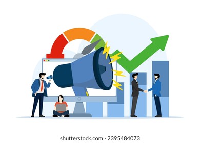 concepts of marketing, promotion, impactful communication and digital marketing. Big laptop and noisy megaphone, Speaker announces news to target audience. flat vector illustration.