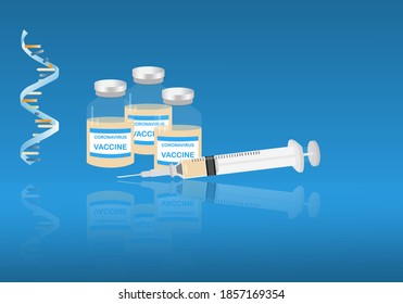 Concepts of messenger or mRNA vaccine for coronavirus pandemic protection. Illustration of syringe with needle, bottles of vaccine for immunization and reflection.