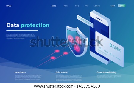 Concepts mobile payments. Data protection with Smartphone and shield. Credit card check and software access data as confidential. Safety, confidential data protection. Online serves protection system.