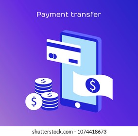 Concepts mobile payments, personal data protection. Header for website with smartphone and Bank card on blue background. Design for Landing Page. 3d isometric flat design. Vector illustration