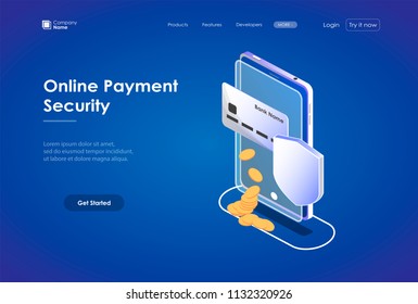 Concepts mobile payments, personal data protection. Header for website with smartphone and Bank card on blue background. Design for Landing Page. 3d isometric flat design. Vector illustration. 