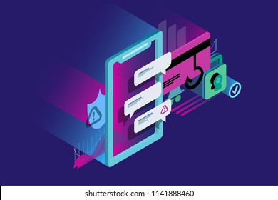 Concepts mobile payments, personal data protection. Header for website with smartphone and Bank card on blue background. Design for Landing Page. 3d isometric flat design. Vector illustration.