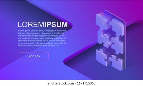 Concepts mobile usage, personal data. Header for website with smartphone and puzzle concept on blue violet background. Design for Landing Page. 3d isometric flat design. Vector illustration.