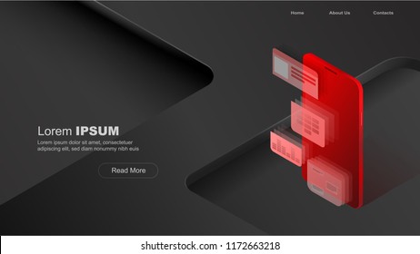 Concepts mobile usage, personal data. Header for website with smartphone and modules concept on black and red background. Design for Landing Page template. 3d isometric design. 