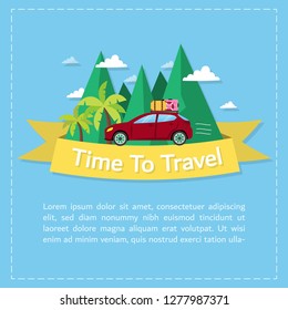Concepts of mountain tourism, planning Travel by car on holiday Make it happy to enjoy this journey.Travelling illustration. Modern flat design.