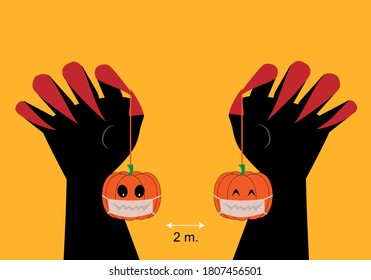 Concepts of new normal halloween. Vector illustration of pumpkins wearing face masks hanging from hands and social distancing.