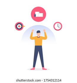 concepts on time, target, creative and innovative employees. illustration of a strong man holding back and facing the pressures of work. flat design. can be used for elements, landing pages, UI.