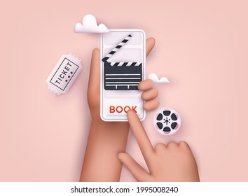 Concepts of online cinema ticket booking. Hand holding mobile smart phone with online book app. 3D Web Vector Illustrations.