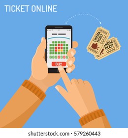 Concepts online cinema ticket order Man holding smartphone vertically in hand and touching buy app, isolated vector flat icon illustration