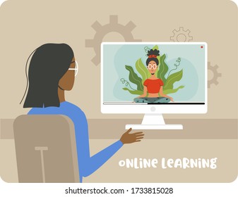 Concepts of online education, training and courses, training, video lessons on meditation. A girl studies yoga poses on a computer. Vector illustration for website banner, presentation template.