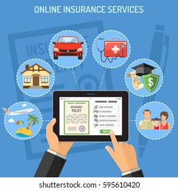 Concepts online insurance services. Man holding tablet pc in hand and touching buy app. flat style icons Car, House, Medical, Education and Vacation. Isolated vector illustration