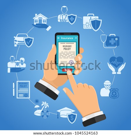 Concepts online insurance services. Man holding smart phone in hand and buying insurance policy. Flat style two color icons Car, House, Medical, Education and Vacation. Isolated vector illustration